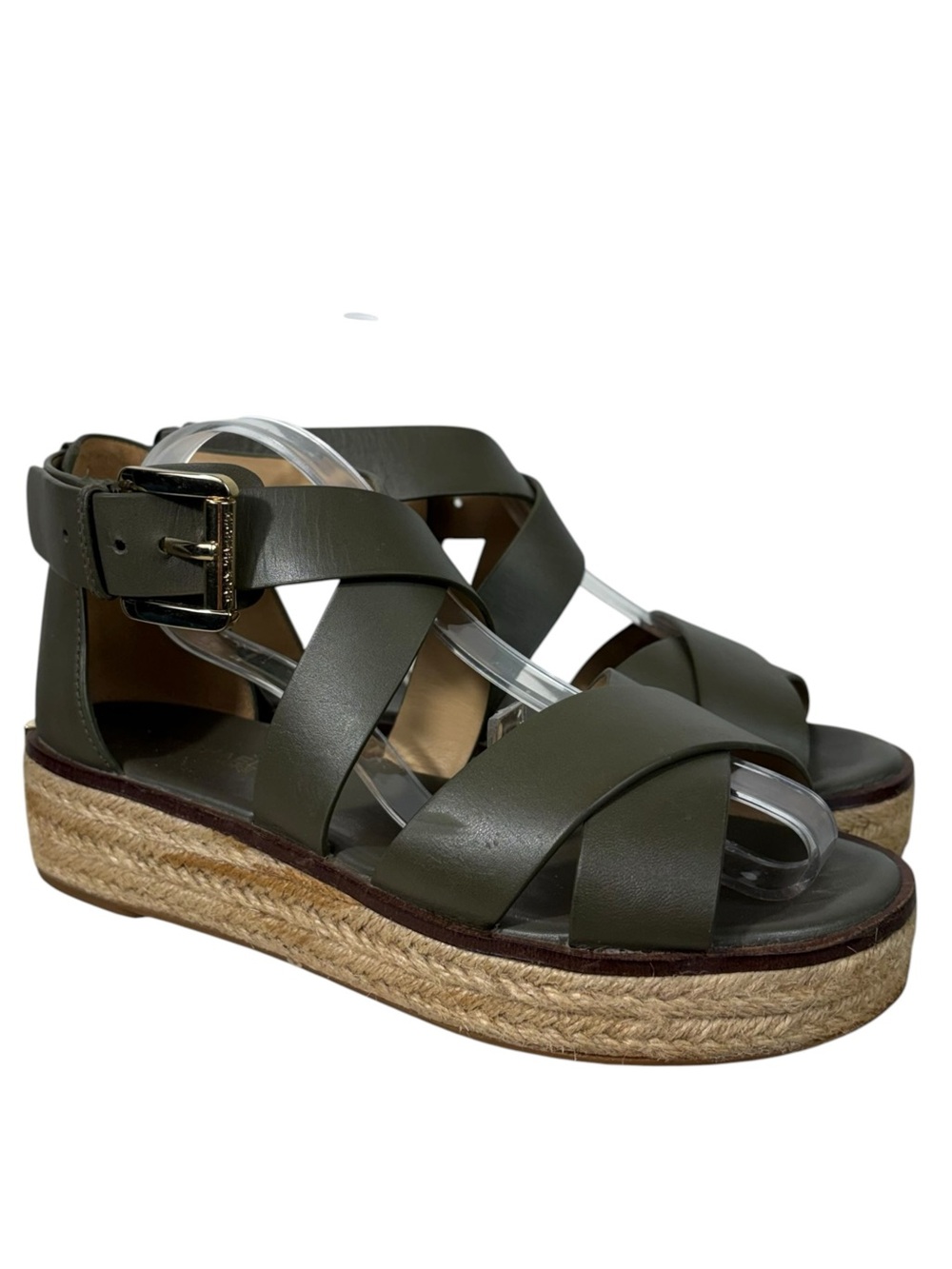 Michael Kors Darby Green Leather Strappy Platform Espadrille Sandals Buckle 6.5